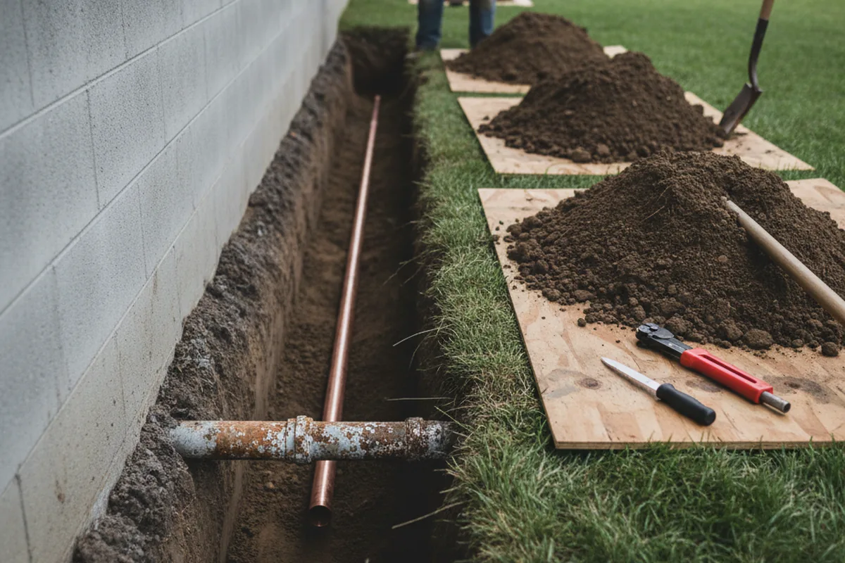 Excavated water line trench during Water Softener Installation in Pride